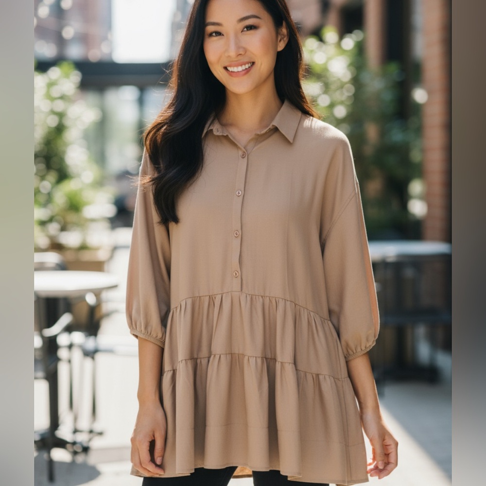 Mustard Seed Women’s Tiered Button-Front Collar Mini Dress Tan Size Medium